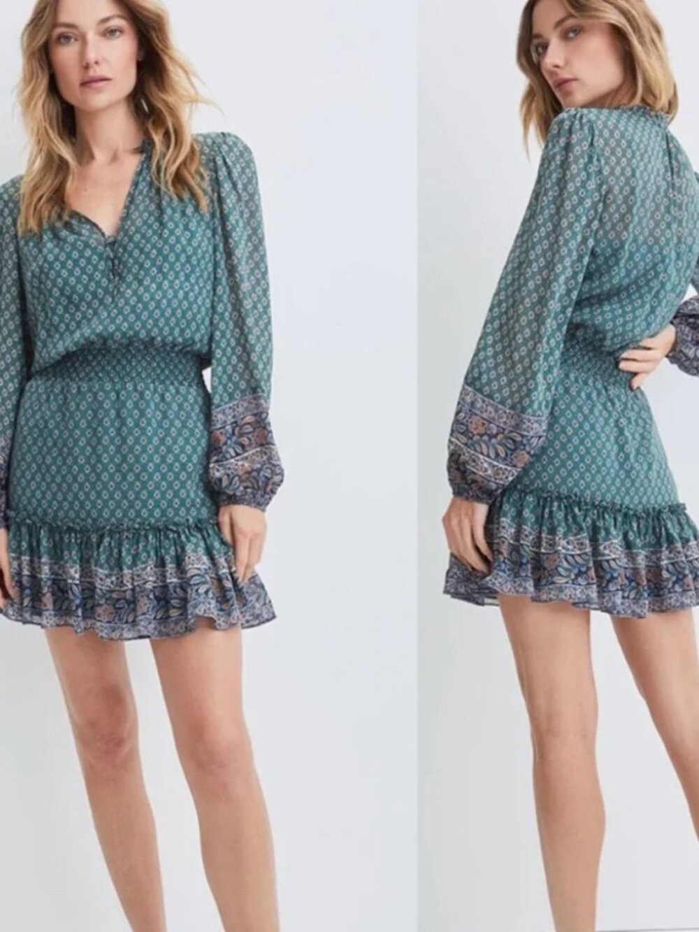 Veronica Beard Silk Destiny Dress - Seaglass green Blouson Mini Smocked Waist 6